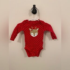 Carter’s 3 month red with white polka dots long sleeve onesie with reindeer